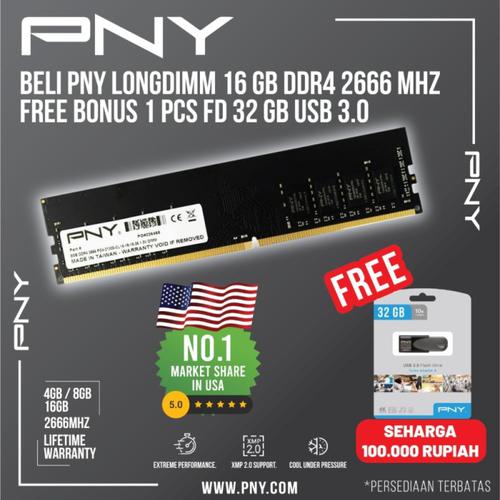 Memory  Ram Longdimm PNY 4GB  8GB  16GB DDR4 2666Mhz PC 21300 - 8GB