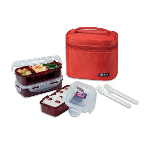 LOCK & LOCK Lunch Box 3 Pcs Set with Red Lunch Bag HPL754DR