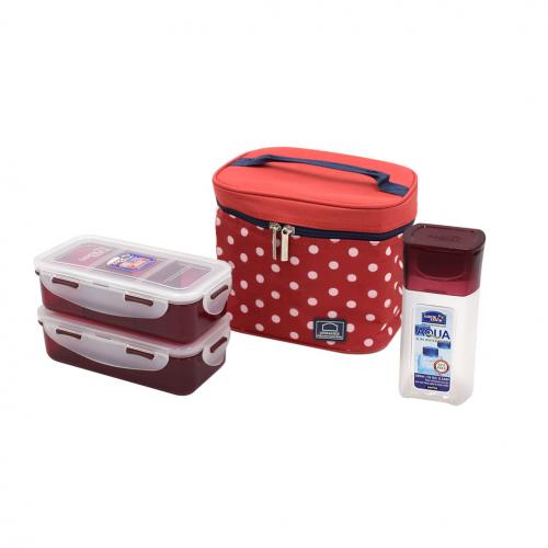 LOCK & LOCK Lunch Box 3 Pcs Set with Dotted Pattern Bag HPL758S3DR - Red