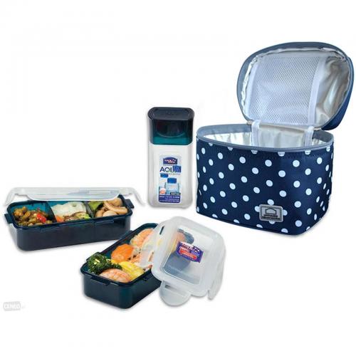 LOCK & LOCK Lunch Box 3 Pcs Set with Dotted Pattern Bag HPL758S3DB - Blue