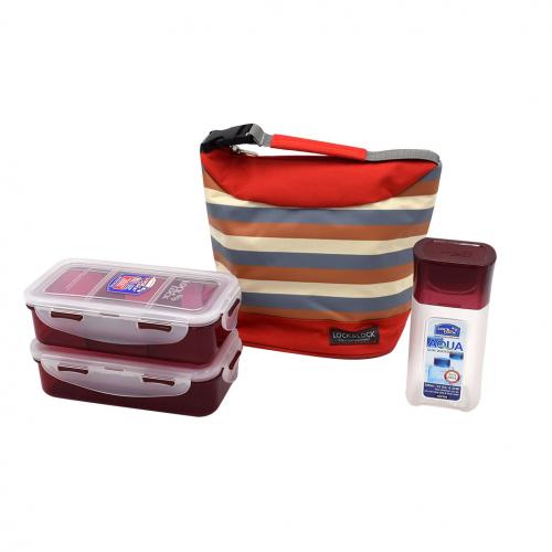LOCK & LOCK Lunch Box 3 Pcs Set with Stripe Pattern Bag HPL758S3SR - Red