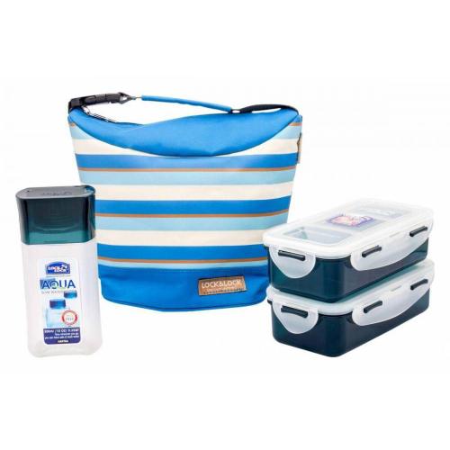 LOCK & LOCK Lunch Box 3 Pcs Set with Stripe Pattern Bag HPL758S3SB - Blue