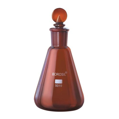 Borosil Flasks Erlenmeyer Conical Narrow Mouth with Interchangeable Stopper Amber 100 ml [5019016]