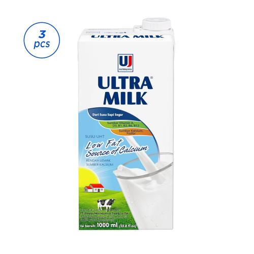 Ultrajaya Ultra Milk Low-Fat Plain 1 Liter 3 Pcs
