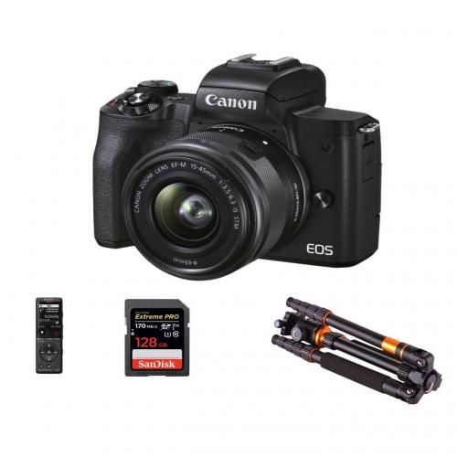 CANON EOS M50 Mark II EF-M15-45mm Bundling Package (with Tripod, Memory Card, Voice Recorder)